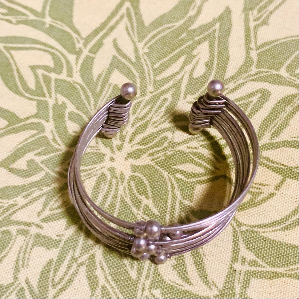 Silver Tone Beaded Multi Wire Cuff Bracelet - Picture 3 of 5